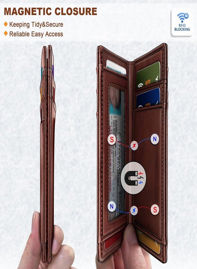 كونتاكتس محفظة جلدية رفيعة للرجال من كونتاكتس، 11 فتحة للبطاقات ونافذة واحدة لبطاقة الهوية، حامل بطاقات بسيط مزود بتقنية حجب RFID وإغلاق مغناطيسي وجيب مبسط للأوراق النقدية (بني) - Image 3